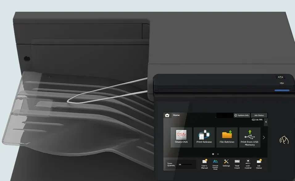 Black printer with touchscreen displaying menu options. Paper tray is open, partially filled with paper.