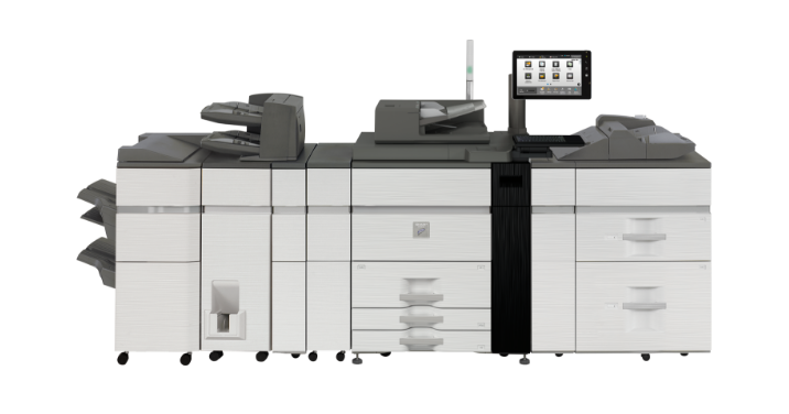 Large, white and black professional printer with control panel.