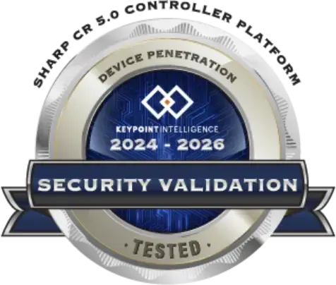 Sharp CR 5.0 Controller Platform Security Validation badge from Keypoint Intelligence (2024-2026), silver and blue.