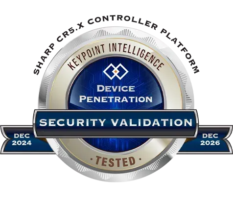 Security validation badge for Sharp CR5.X controller platform, Keypoint Intelligence, Device Penetration Tested, December 2024-2026.