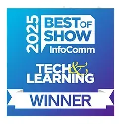 2023 Best of Show InfoComm Tech & Learning winner badge, blue and white with the winner ribbon.