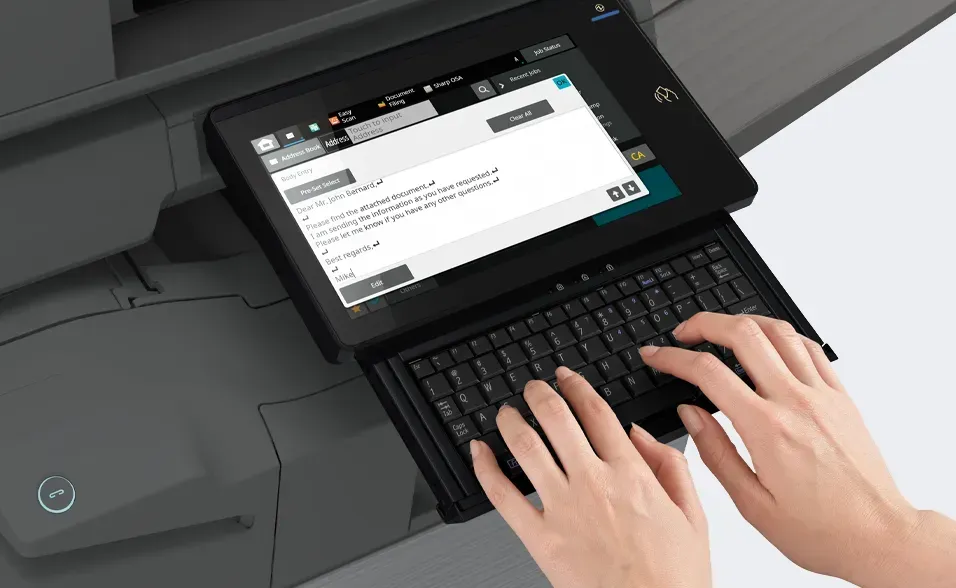 Printer touchscreen: home screen with icons for copy, scan, fax, Sharp DSA.