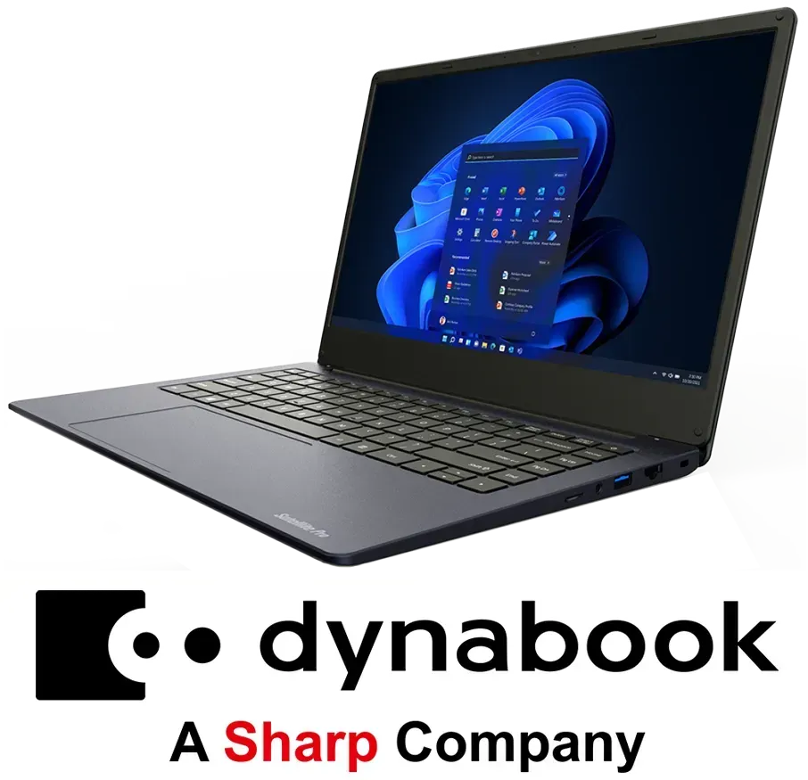 Dynabook laptop with Windows 11 interface, angled view, dark gray, logo below: dynabook, A Sharp Company.