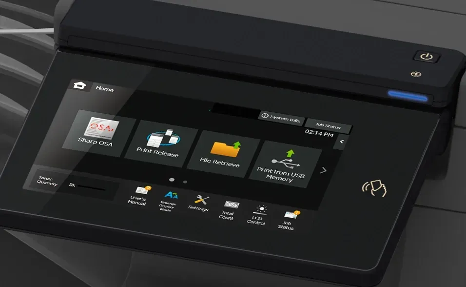 Multifunction printer control panel with touch screen displaying several function icons.