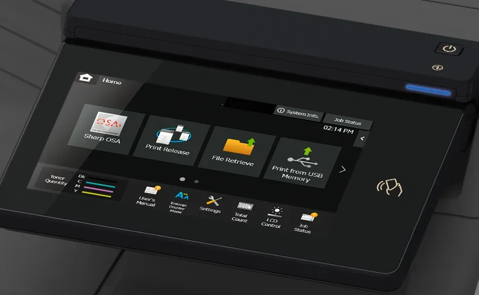 Touchscreen interface of a multifunction printer, displaying print, scan, and file options with icons on a black background.