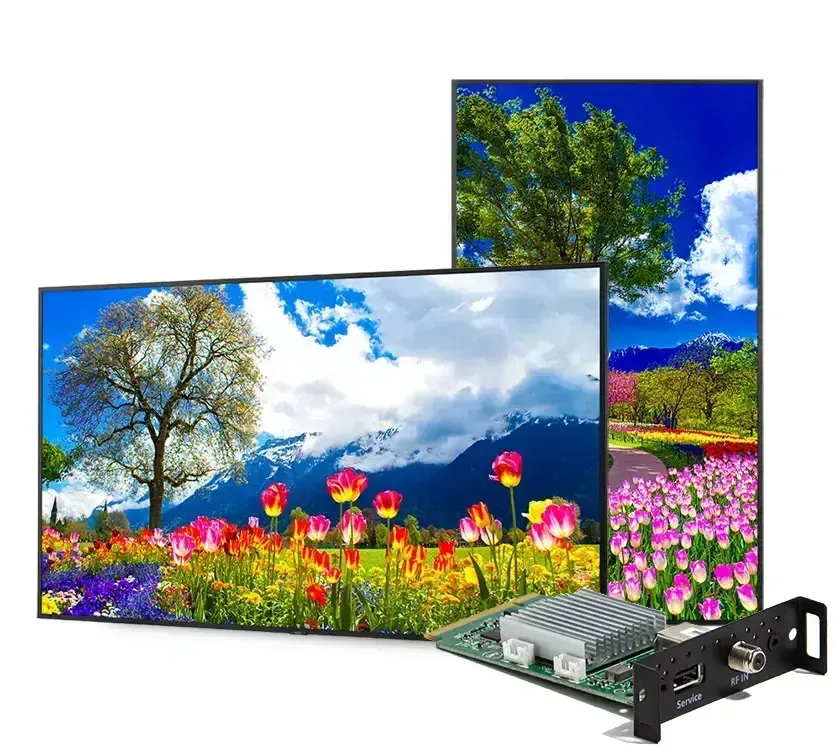 Two rectangular screens displaying vibrant nature scenes: a flower field with mountains and a sunny tree.