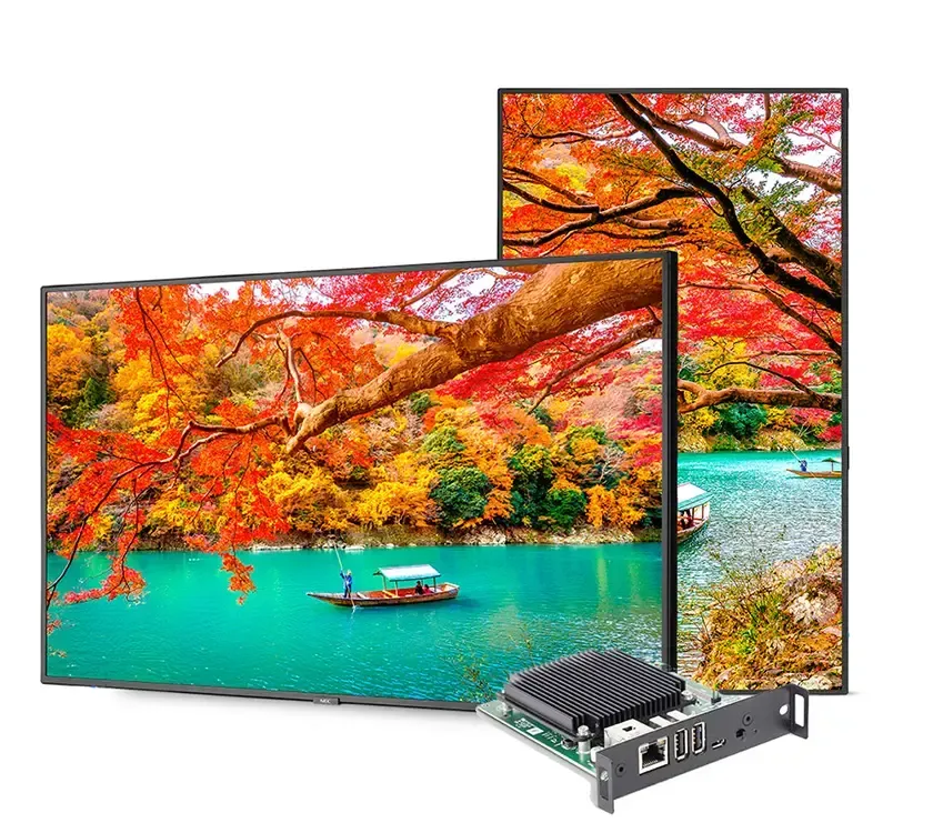 Two digital displays showing a fall landscape with a small boat, a computer card in front.