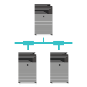 Network diagram: three gray servers connected by a light blue network cable.
