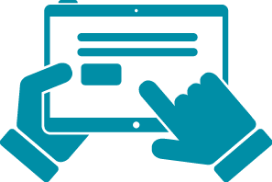 Hands holding a tablet, finger tapping the screen; teal.