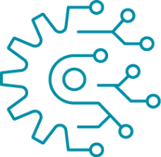 A turquoise gear combined with a circuit board, suggesting technology and industry.