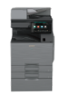 Gray and black multifunction office printer with touchscreen control panel.