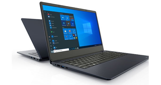 Two dark blue laptops, one open and displaying Windows desktop.