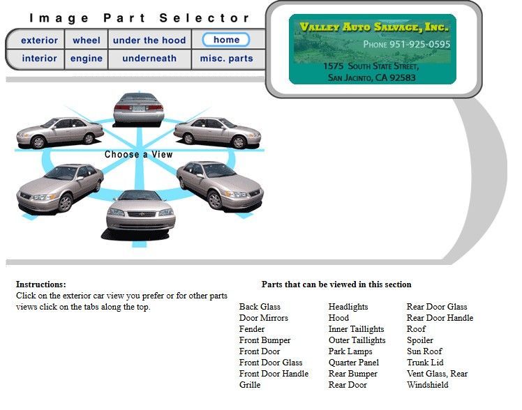 Car parts selector interface.  A car is shown in different views with clickable tabs for parts selection.  Includes a business logo.