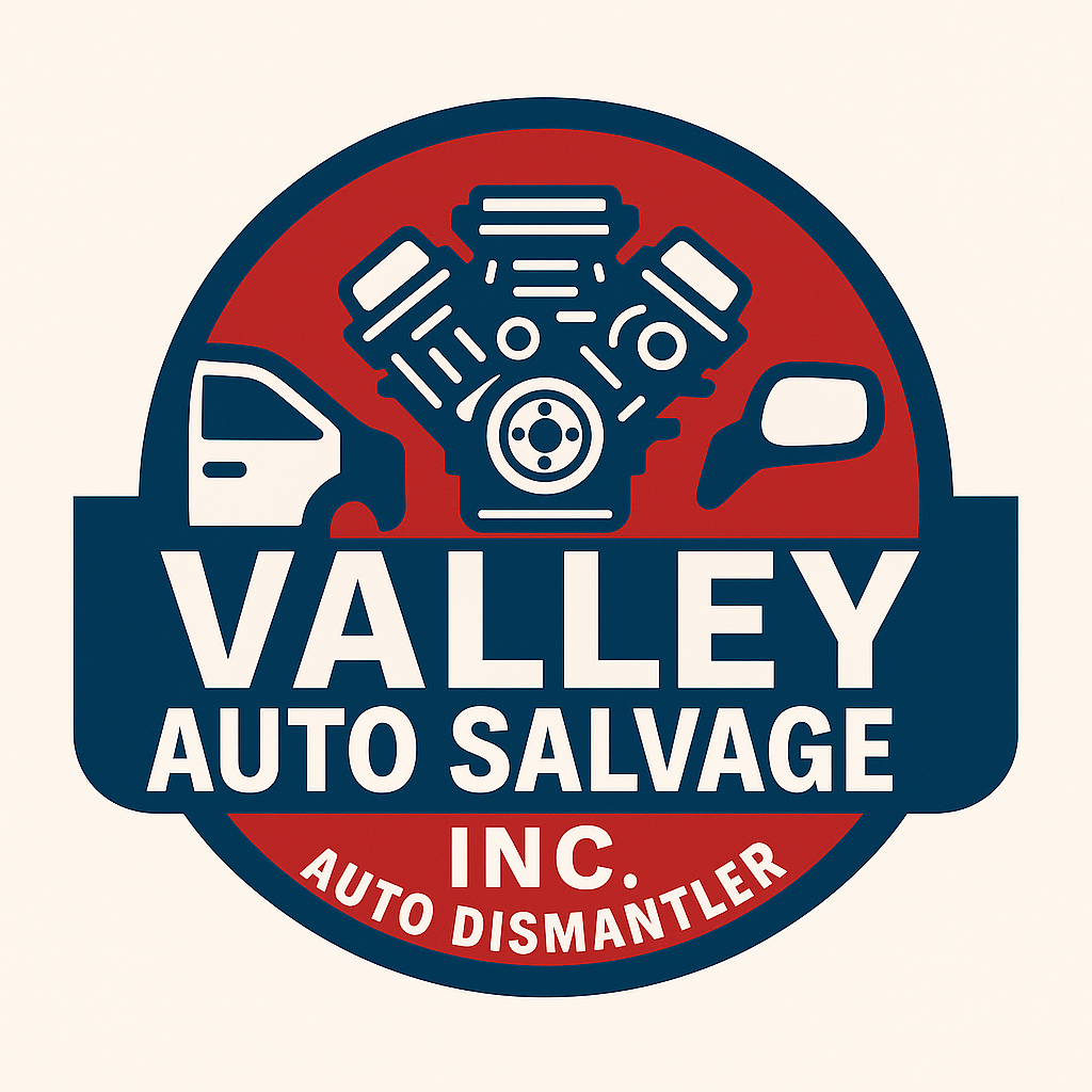 Logo for Valley Auto Salvage, Inc. featuring a car engine, body parts, and text on a navy and red circular design.