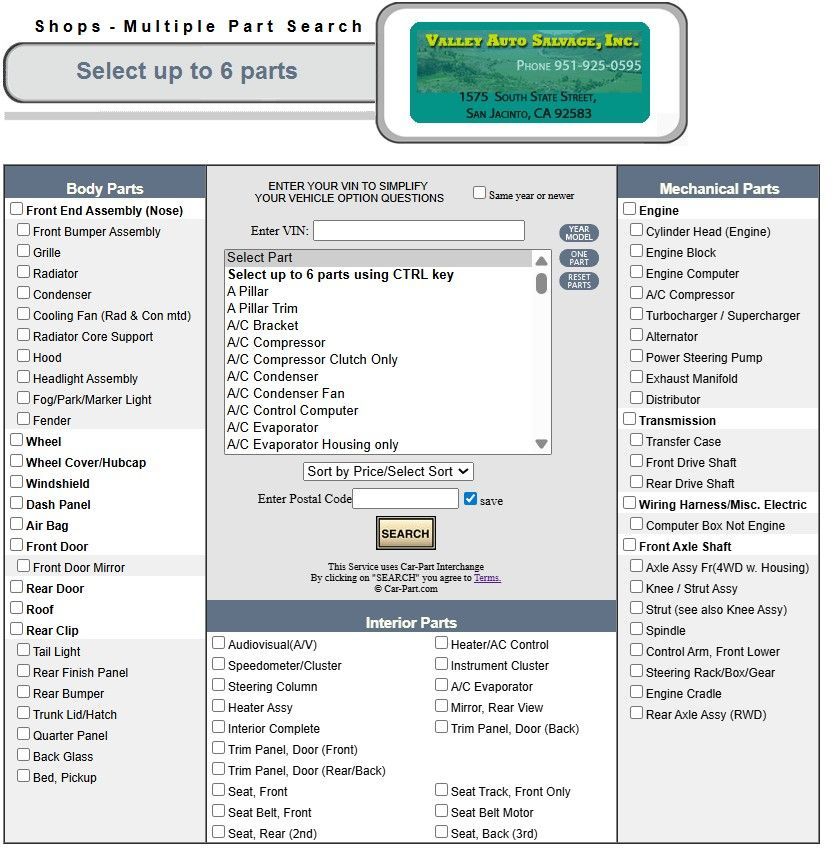 Webpage showing a parts search form for a vehicle, with categories like body parts, mechanical parts, and interior parts.