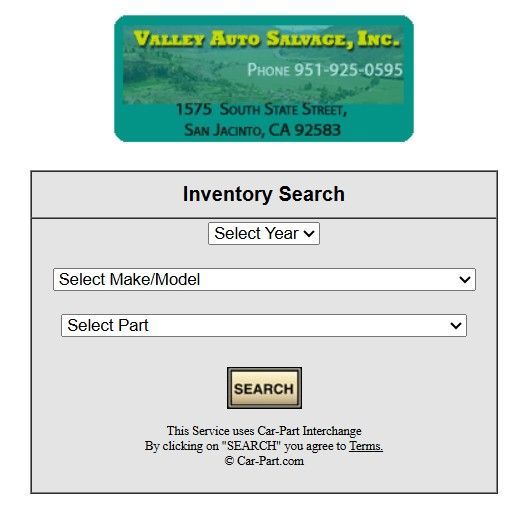 Screenshot of a website for Valley Auto Salvage, Inc. showing an inventory search form with drop-down menus for year, make/model, and part.