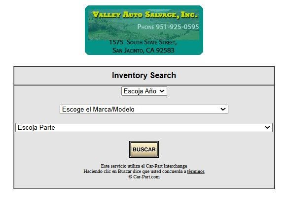 Website search interface for Valley Auto Salvage, Inc. with dropdown menus and a search button.