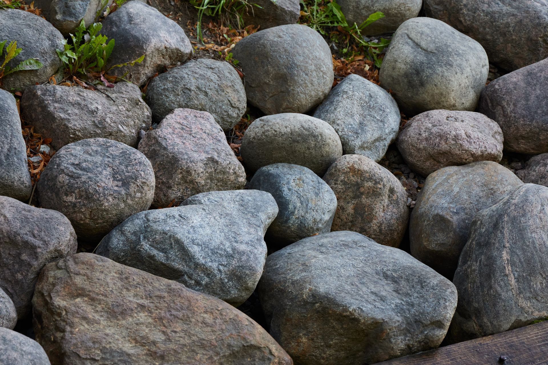 Pile of smooth gray and brown rocks with patches of green grass between them