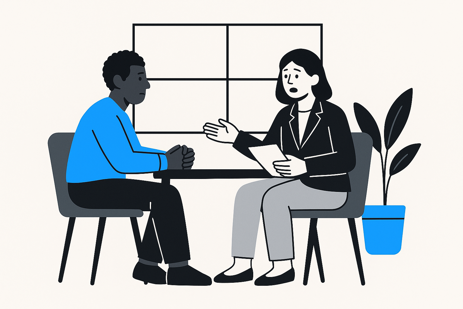Ilustração de dois profissionais de TI em uma conversão de desligamento.