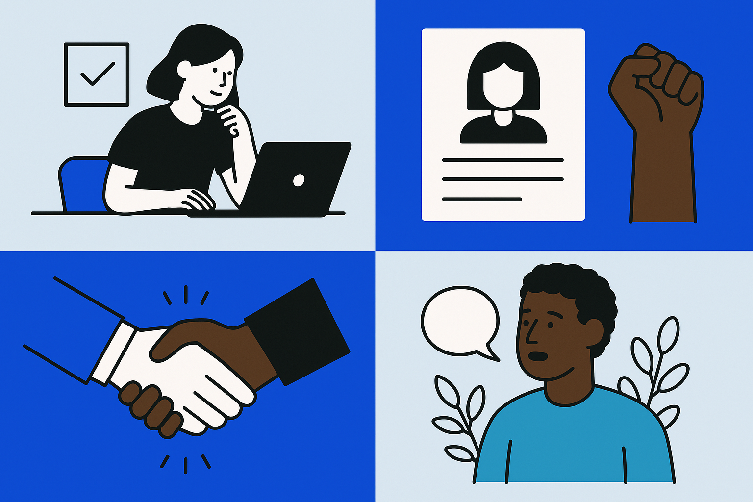 Ilustração em quatro quadros representando as ações da diversidade