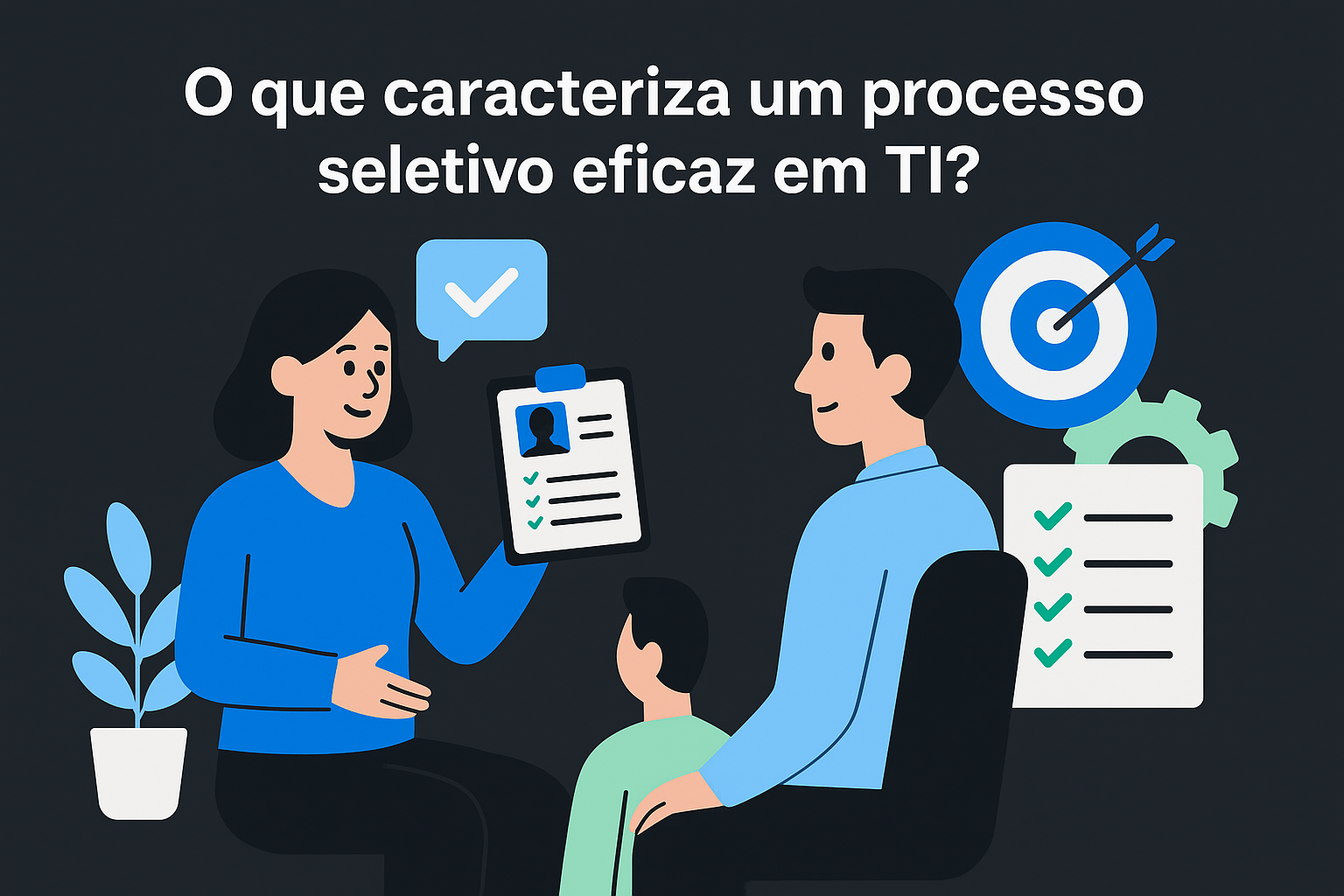 Mulher segurando uma prancheta e um homem falando com ela, com um título: O que caracteriza um processo seletivo eficaz em TI?