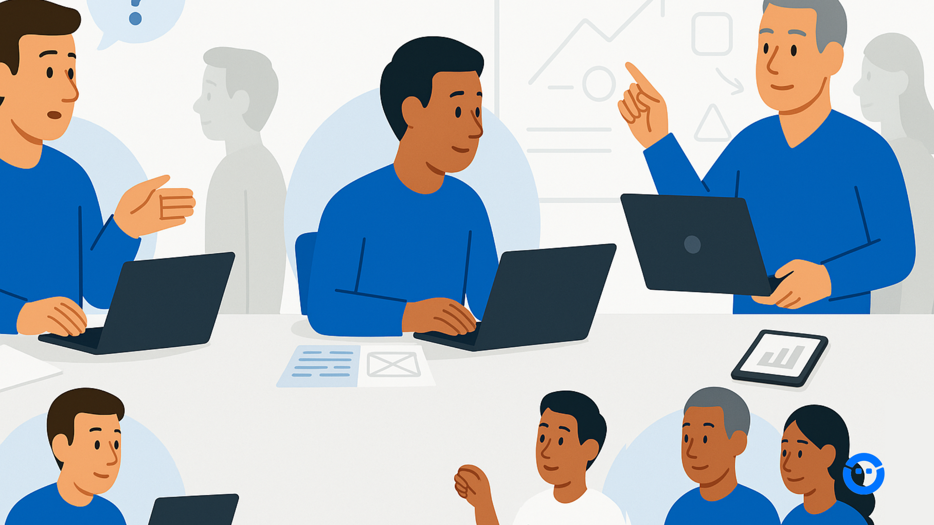 Ilustração em estilo flat mostrando três desenvolvedores — júnior, pleno e sênior — trabalhando em laptops, com elementos visuais que representam níveis crescentes de experiência, autonomia e tomada de decisão, ideal para ilustrar a evolução de carreira na área de tecnologia.