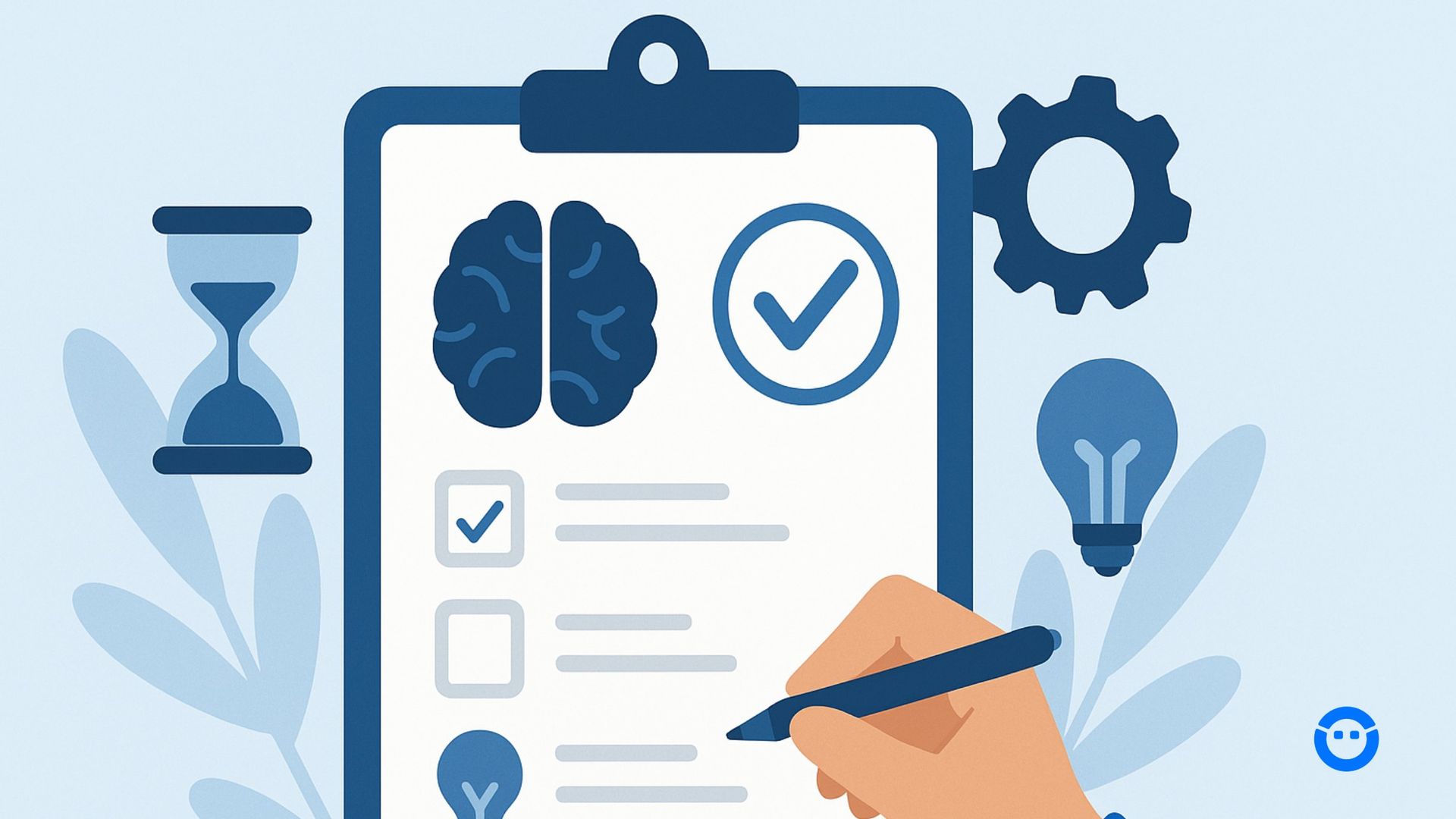 Ilustração em estilo flat mostrando uma prancheta com testes complementares ao processo seletivo, incluindo ícones de cérebro, checklists, lâmpada e engrenagem, simbolizando avaliação de lógica, perfil comportamental e raciocínio.