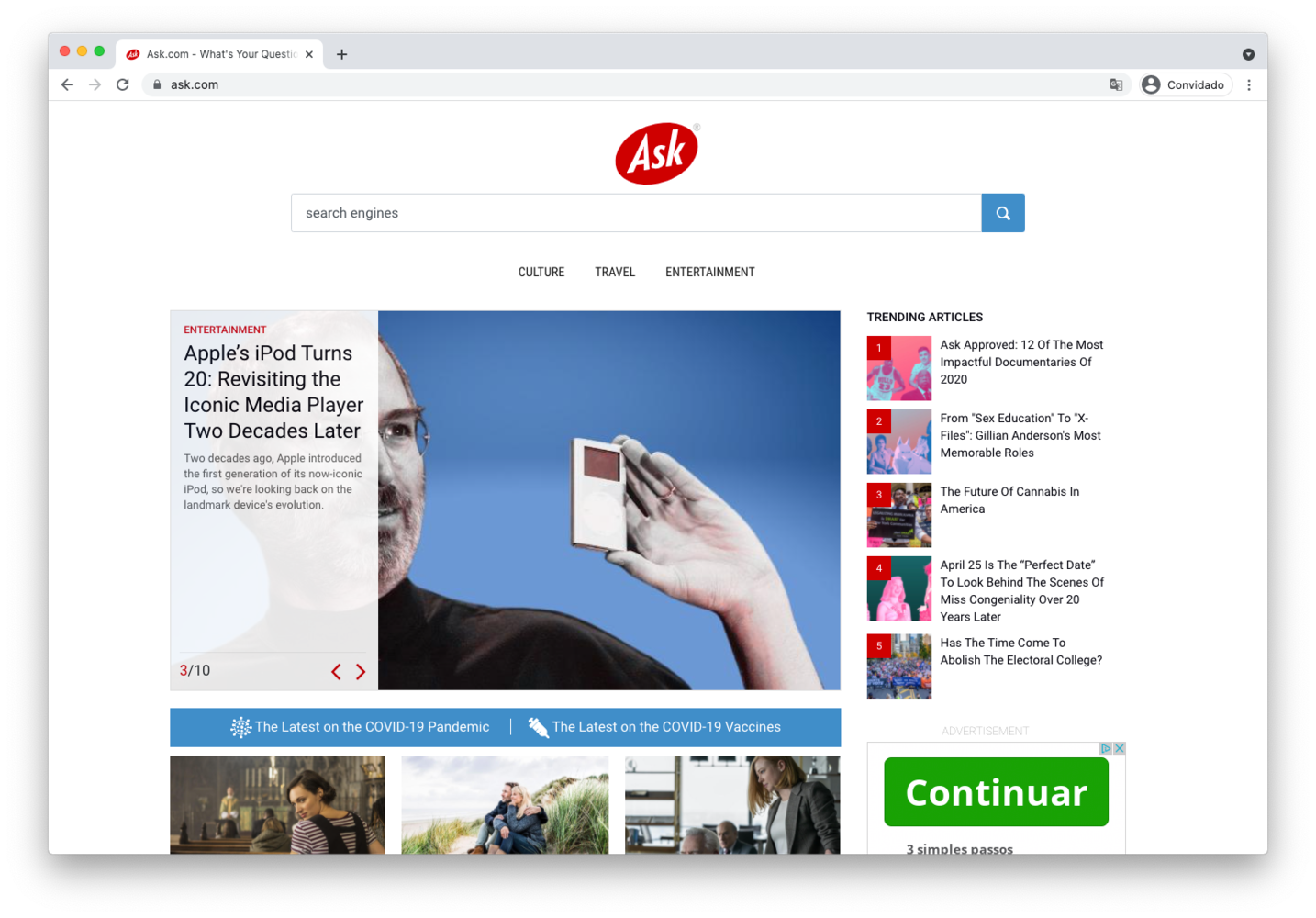 Uma tela de computador mostra um site chamado ask