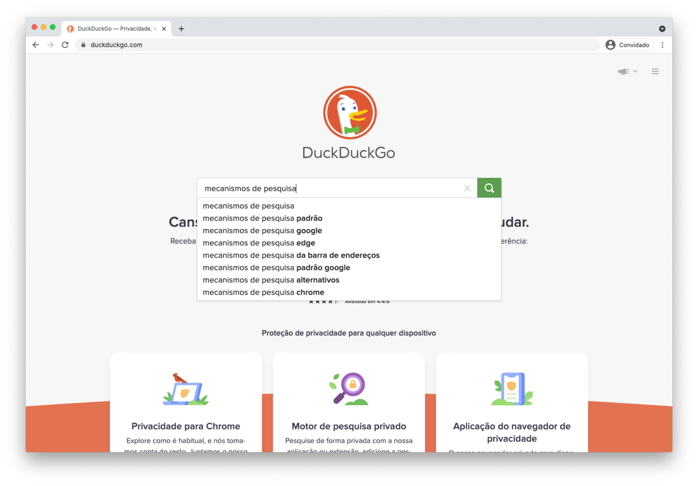 Uma tela de computador com um mecanismo de busca duckduckgo.