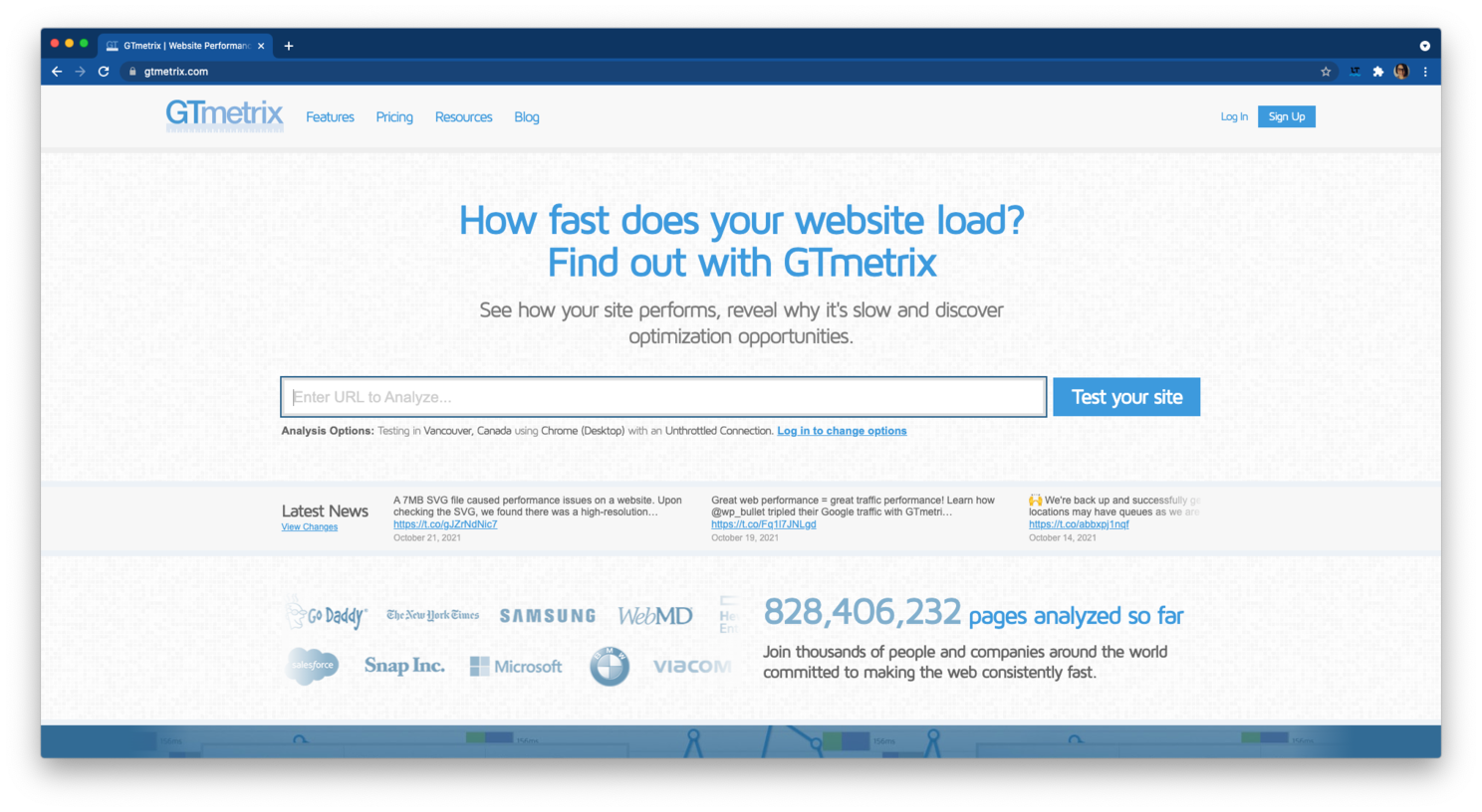 Uma tela de computador mostra a página inicial de um site chamado gtmetrix.