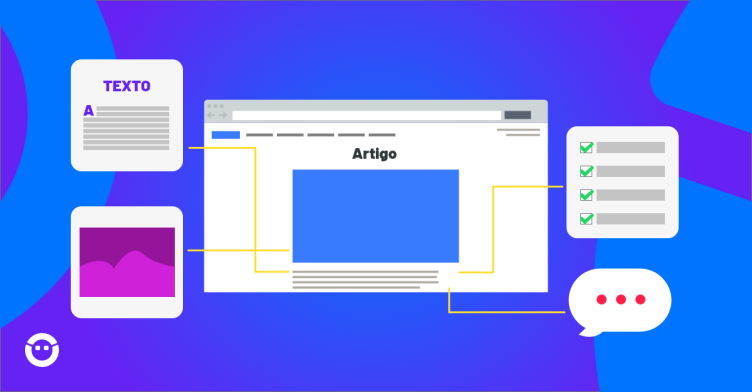 Uma ilustração de um site com fundo azul e fundo roxo.