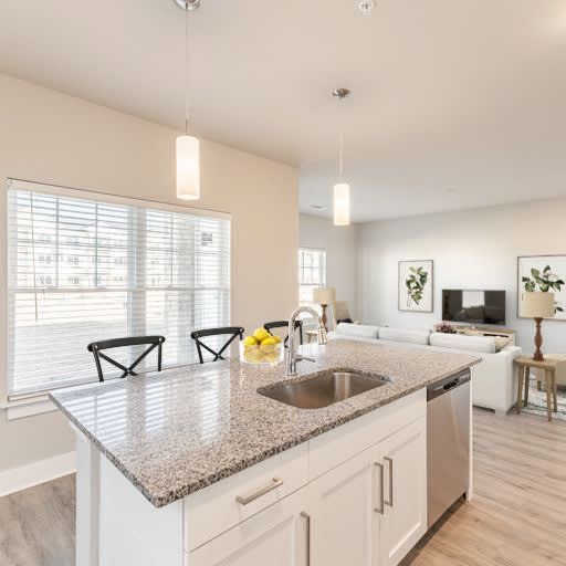 Kitchen island with sink, dishwasher, and pendant lights; living room in the background with a couch and television.