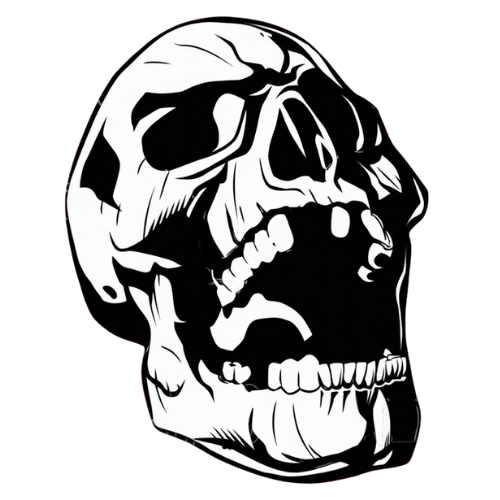 Black and white illustration of a skull, grinning, with open jaw.