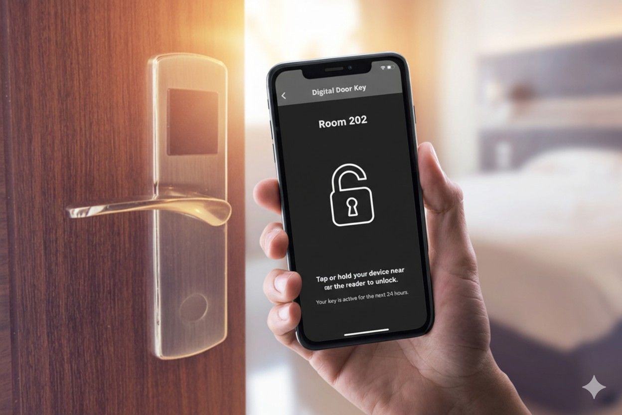 Hand unlocking hotel room door with a phone displaying a lock icon. Door and interior bedroom in background.