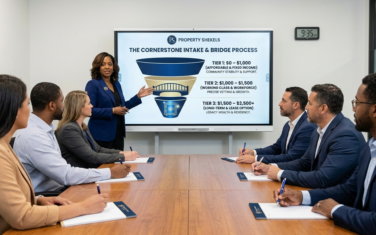 Two-story beige and brick house with shutters and a concrete driveway under a cloudy sky.