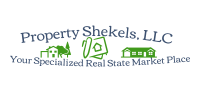 Property Shekels, LLC logo: Blue text with green house icons.