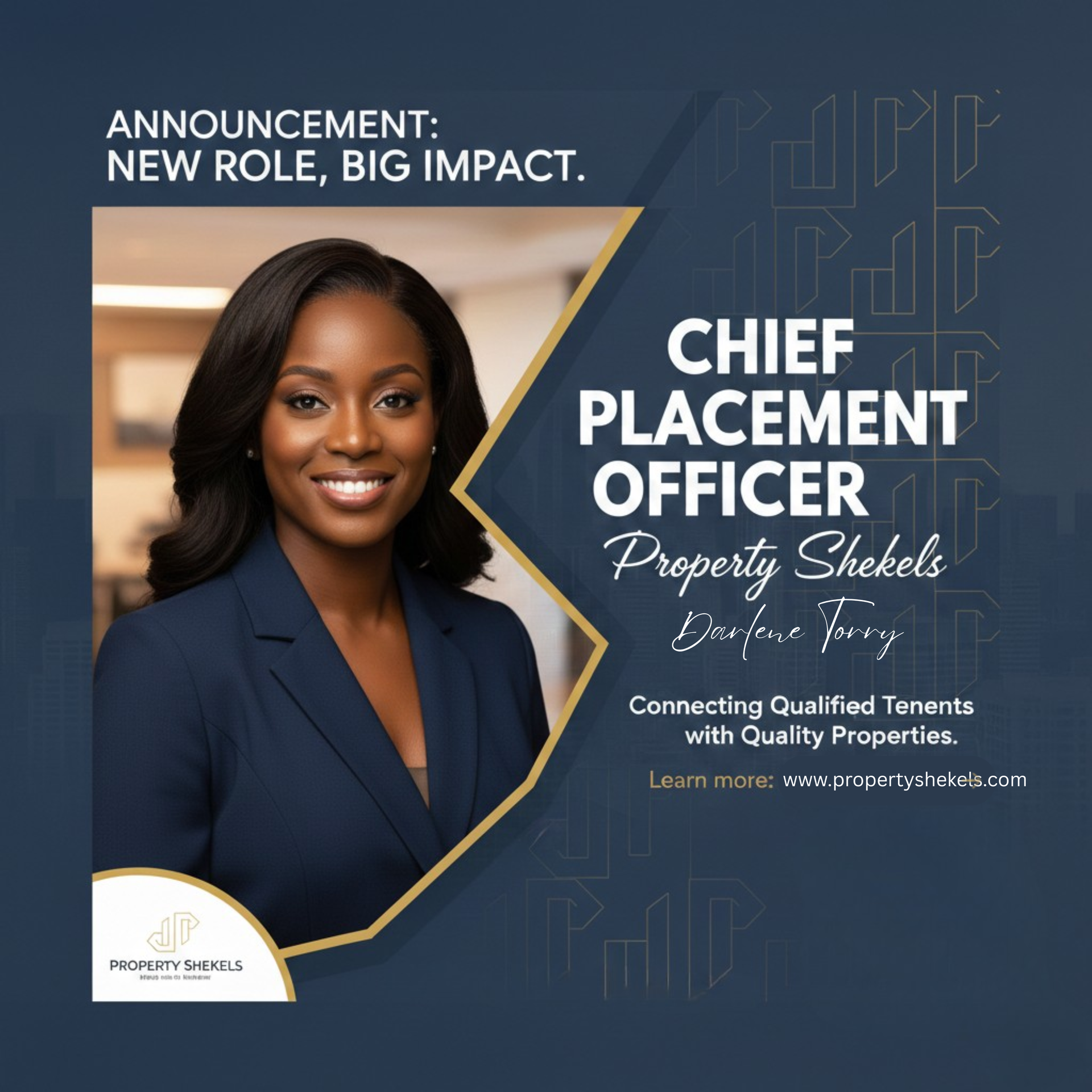 Announcement: New Chief Placement Officer, Darlene Terry, for Property Shekels, connecting tenants with properties.