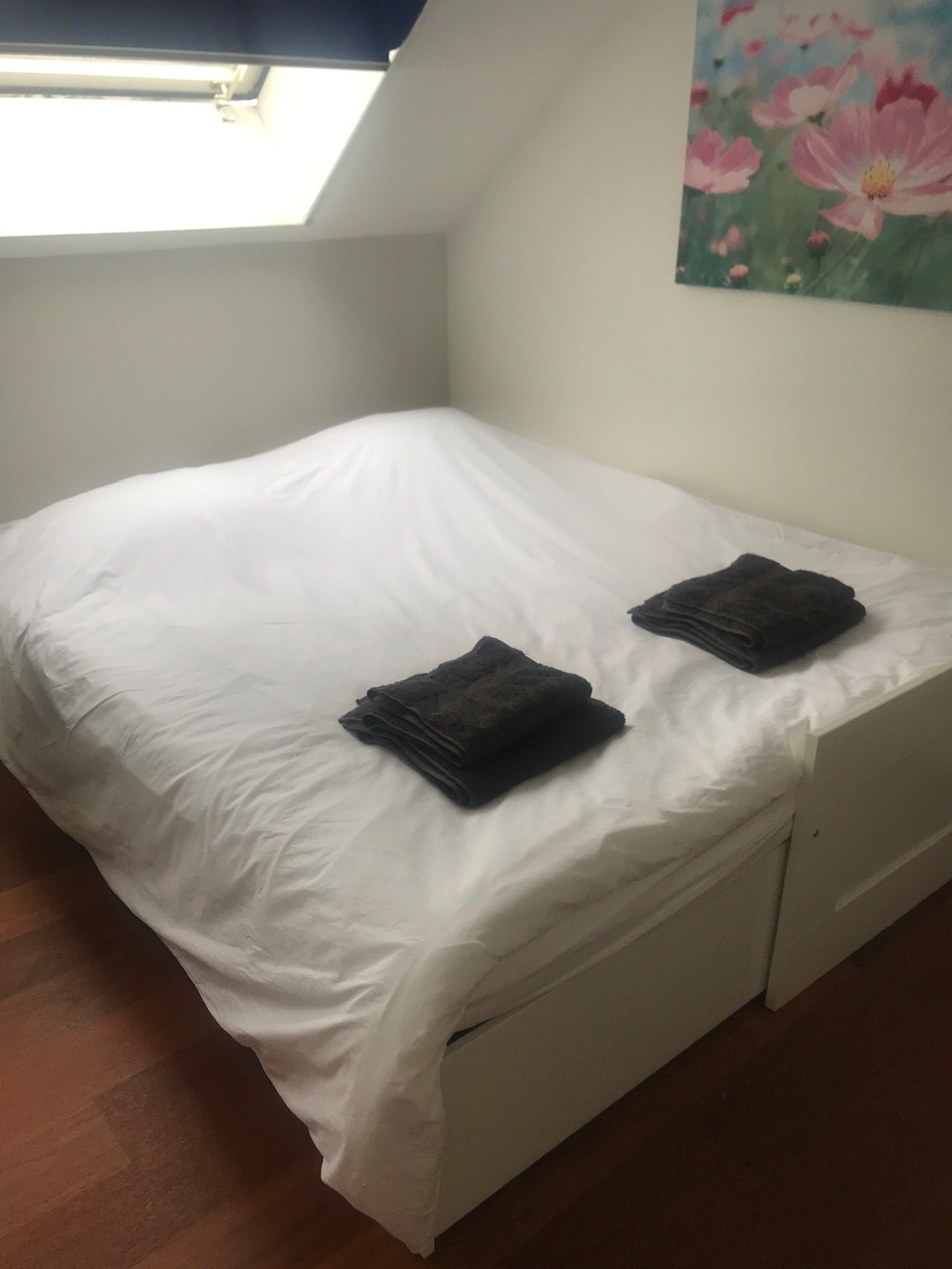 Een slaapkamer met een bed en twee kussens erop