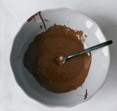 A bowl of melted chocolate with a spoon in it