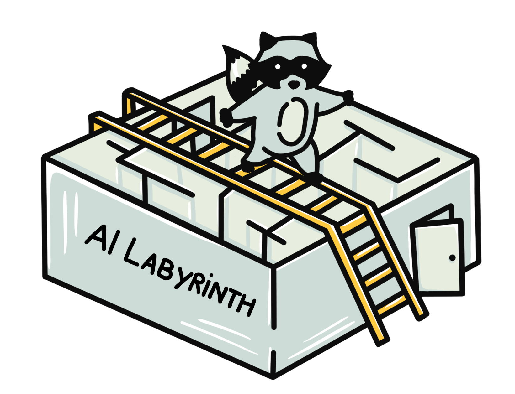 Ein Waschbär hält ein Puzzleteil mit den Worten Mensch und AI in der Hand.