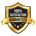 A gold shield with the words `` 100 % satisfaction guaranteed '' written on it.