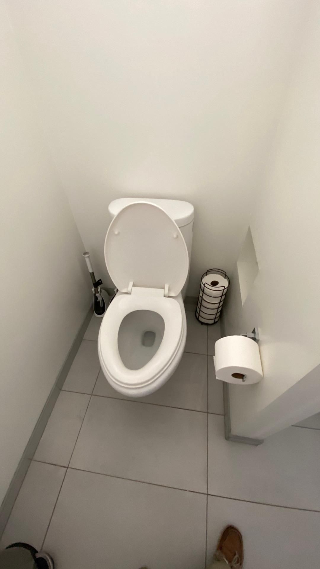 A toilet is sitting in a bathroom next to a trash can and a roll of toilet paper.