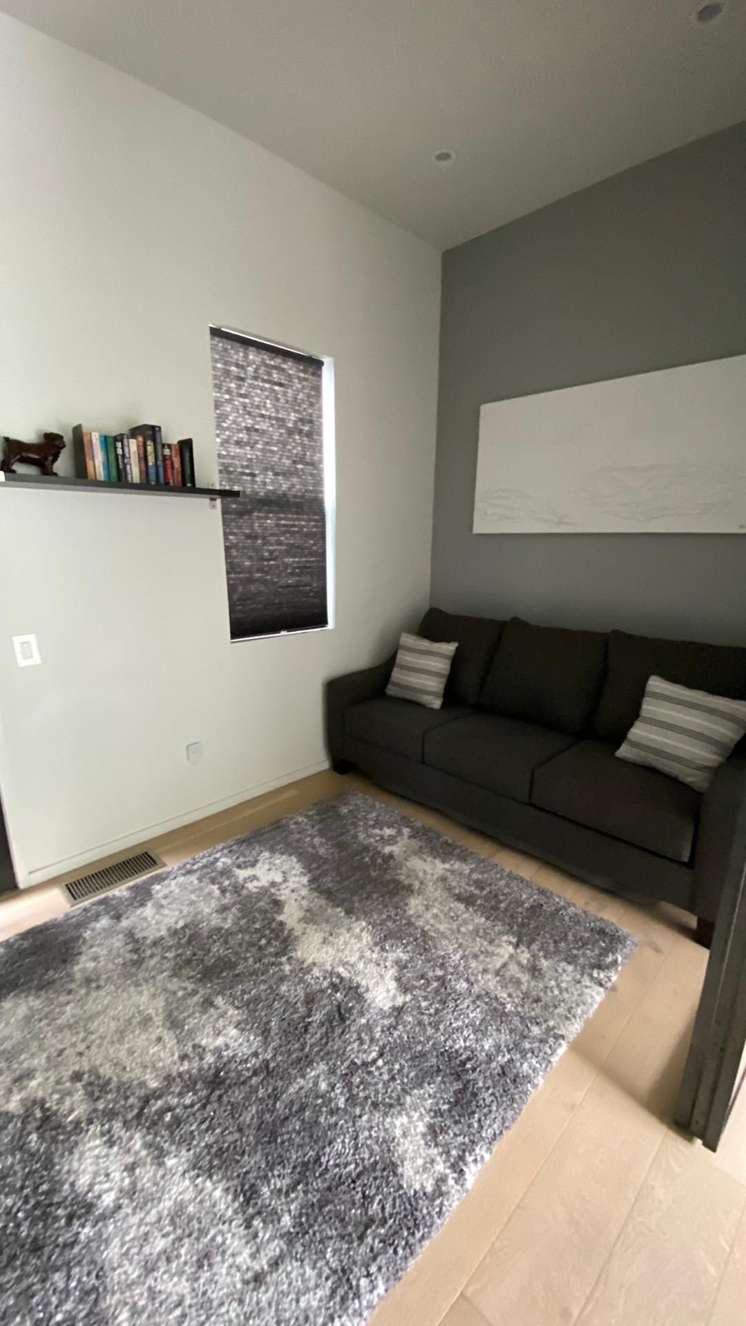 A living room with a couch , rug , and window.