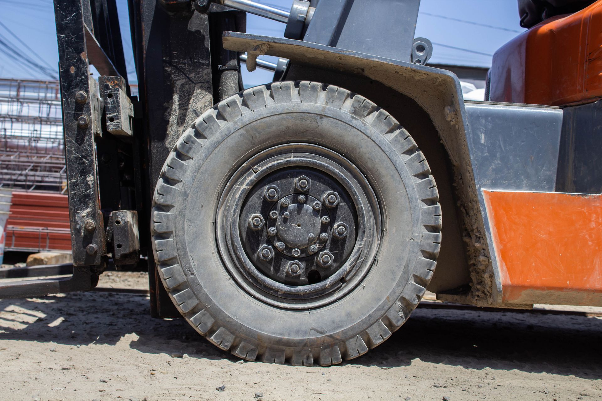 A Close-Up of a Forklift's Tyre on a Dirt Road | Shepperton, VIC | L&P Mackin Forklifts