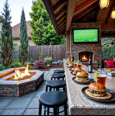 Outdoor bar with burgers, fireplace, fire pit, and TV. Stone and wood construction.