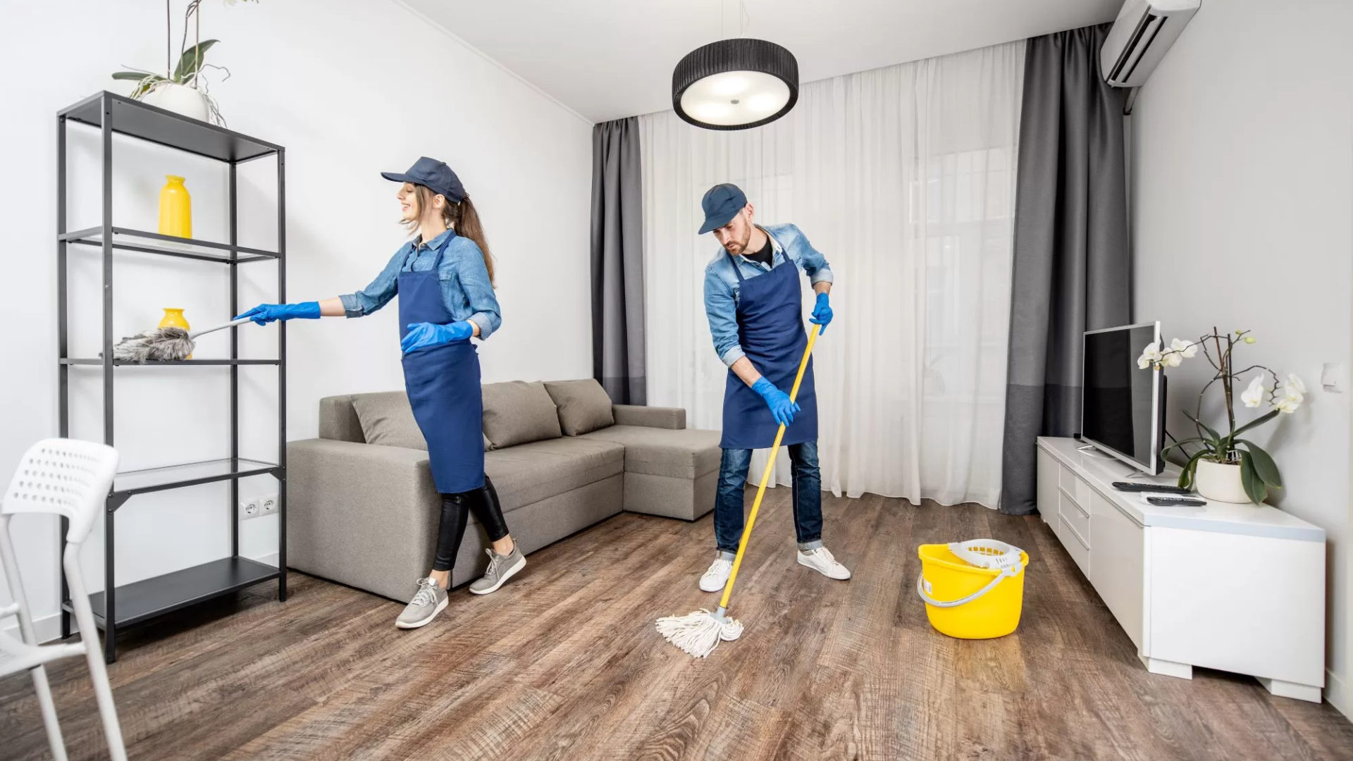 Two cleaning professionals in uniform, cleaning an apartment; one dusting shelves, one mopping floor.