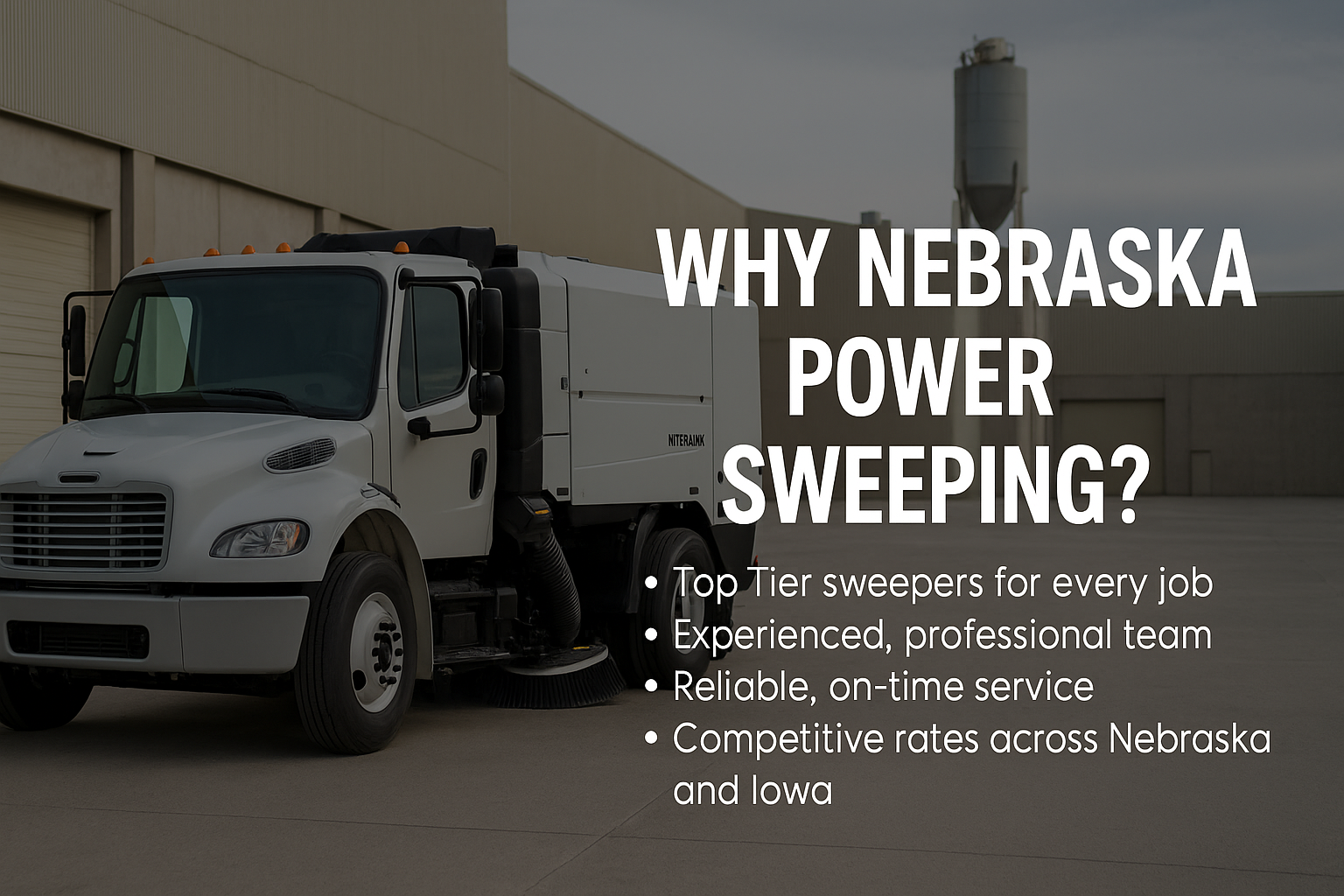 Construction sweeping truck removing dirt and debris from an active job site in Omaha, Nebraska.