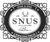 Logo für die Snus Bar, ein Lokal zum Trinken und Essen. Ovales Design mit Text, Geweih und Website-Adresse.