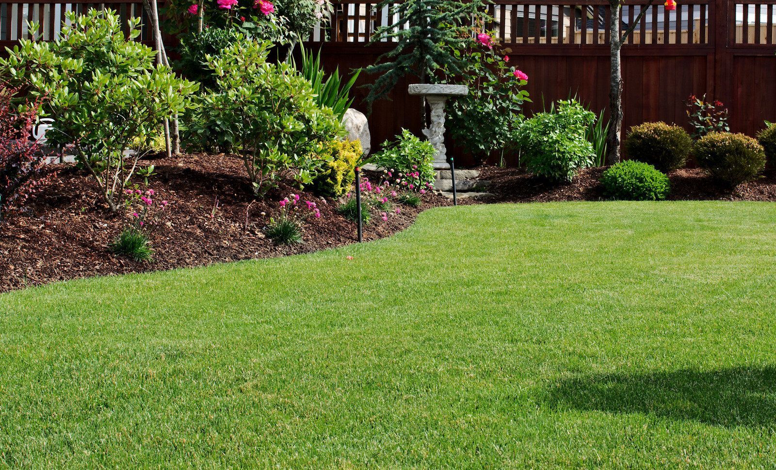 Lush green lawn bordering a garden bed with colorful flowers, shrubs, and a birdbath.