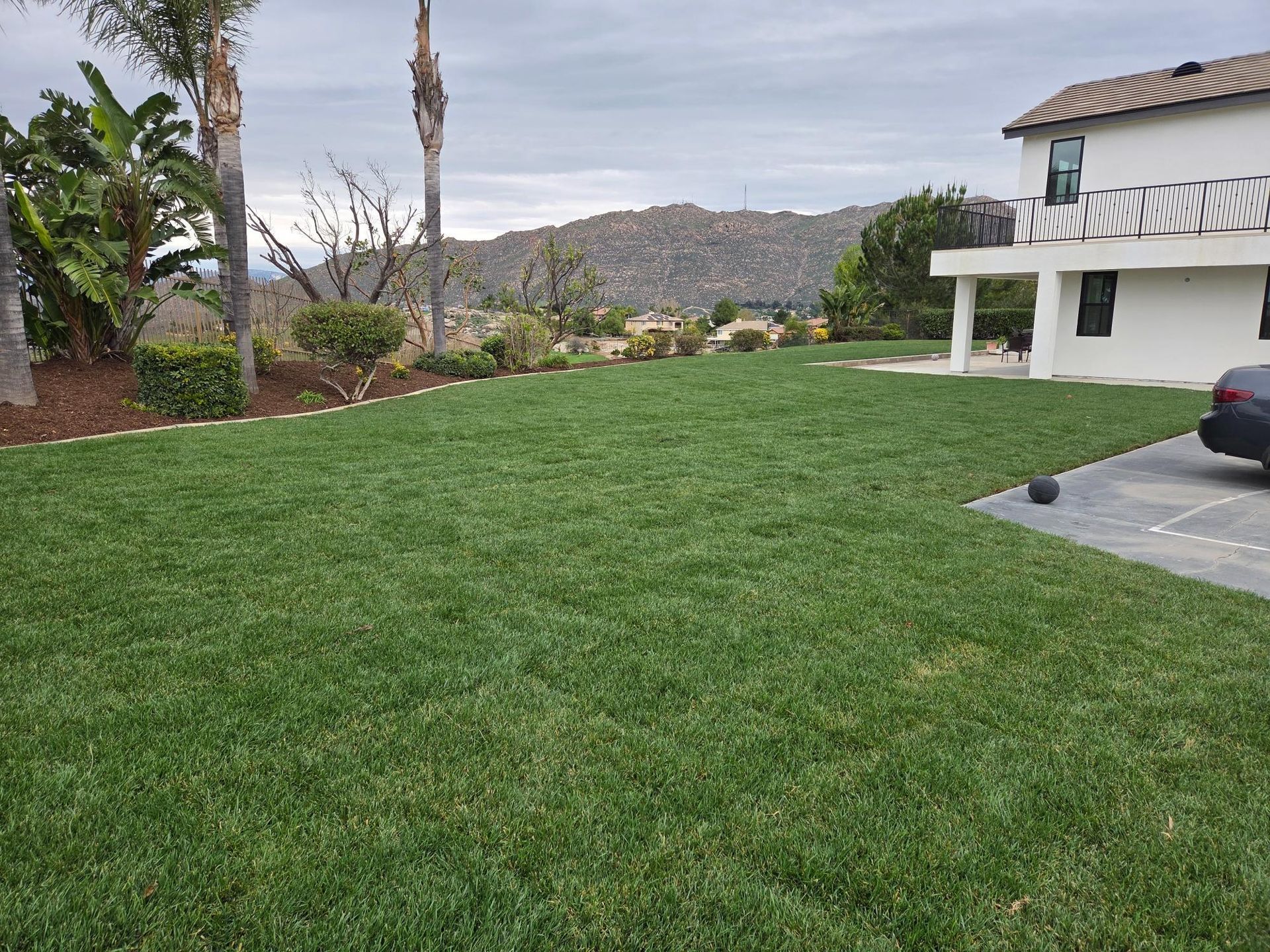 Green lawn in front of a white house with a mountain view under a cloudy sky.